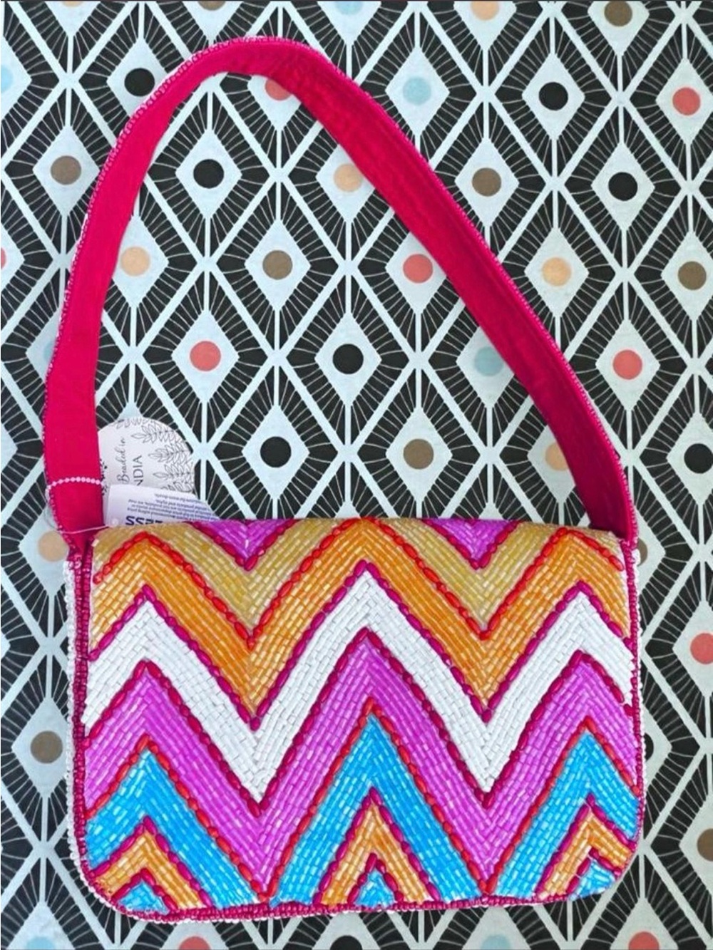 NWT Studio 12 Chevron beaded purse with White & Red strap